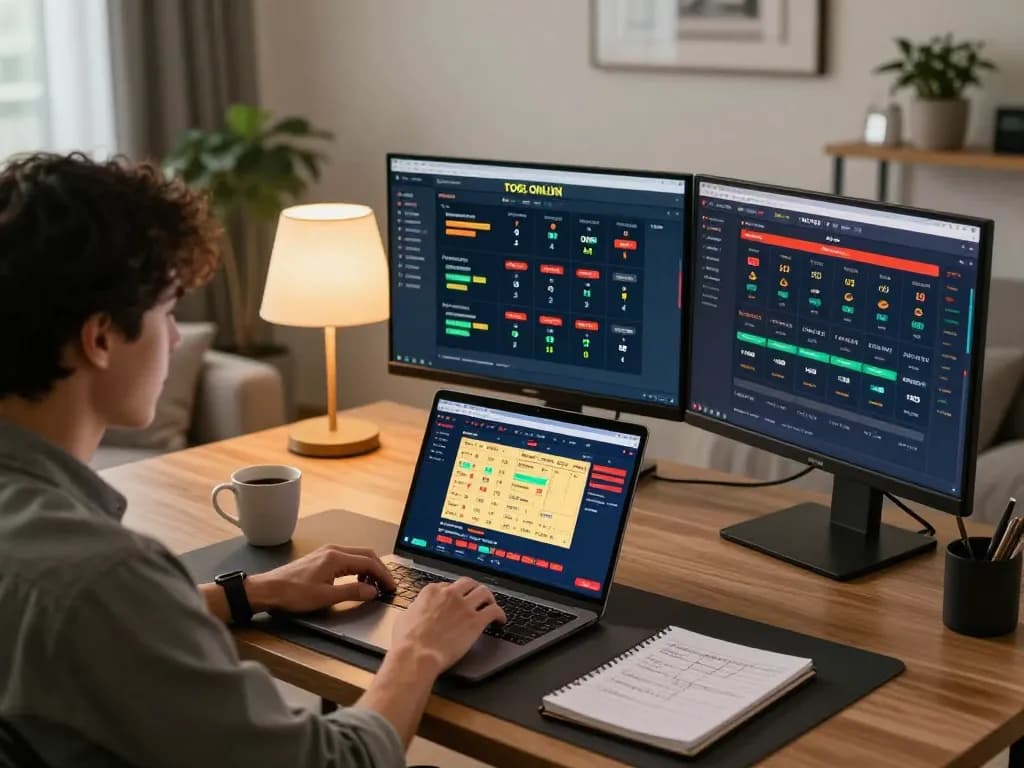Engaging player analyzing togel online strategies at home with laptop and notebooks.