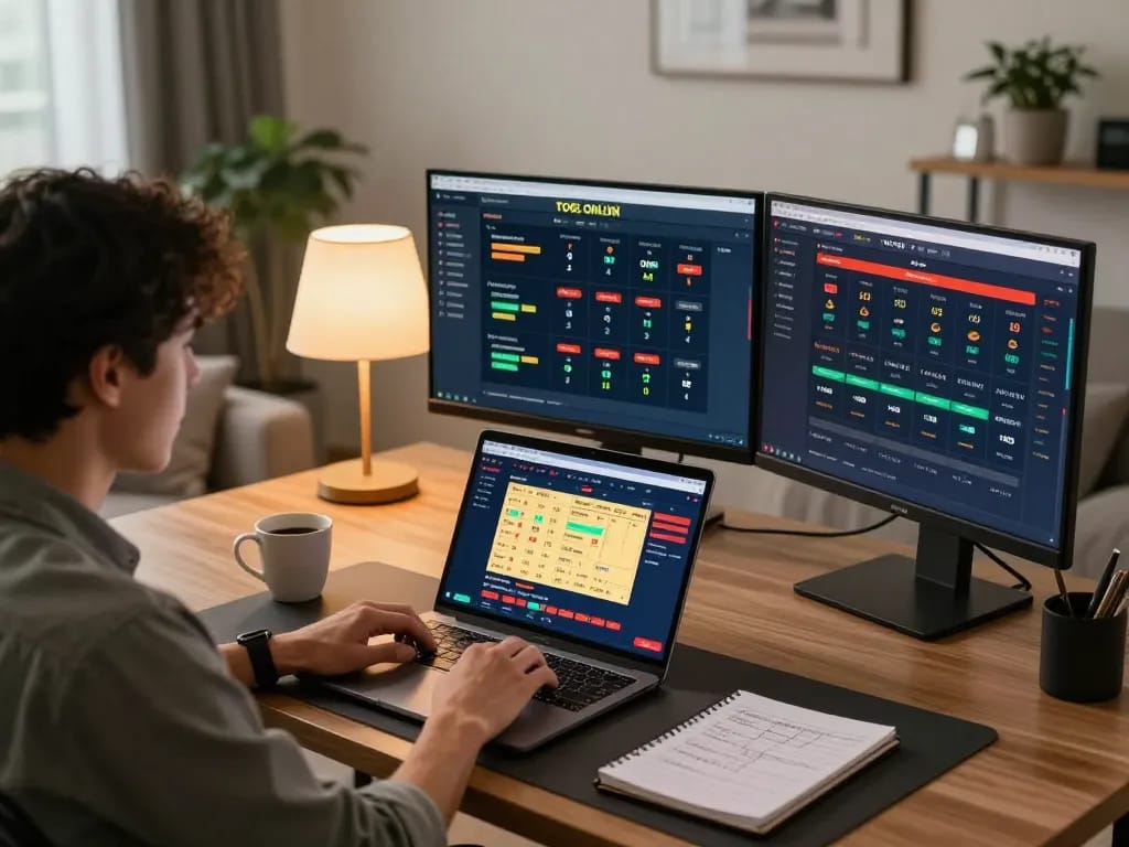 Engaging player analyzing togel online strategies at home with laptop and notebooks.