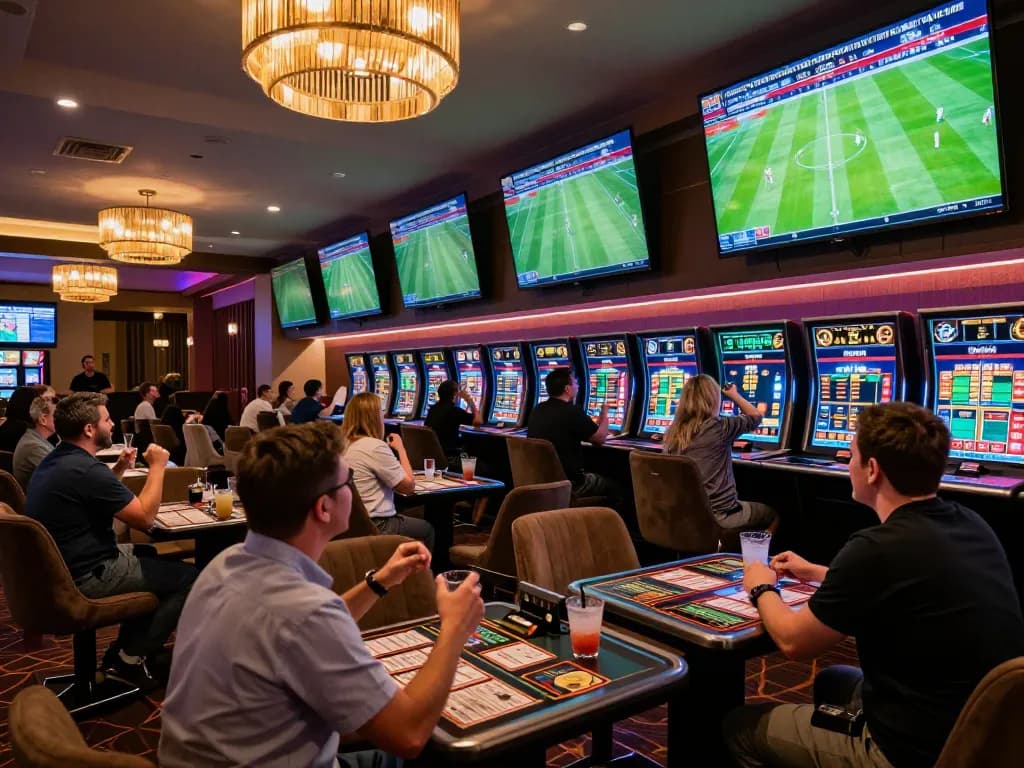 nddo sports fans analyzing betting terms in lively casino lounge