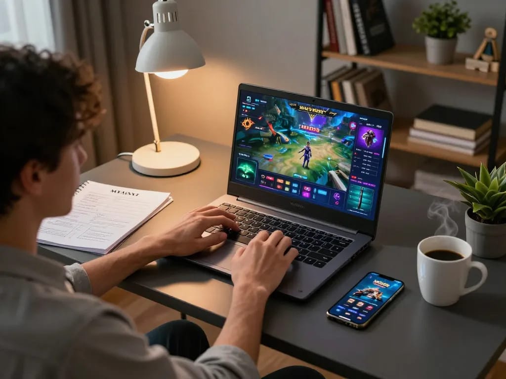 MMOO gaming session with a player using a laptop and smartphone in a cozy home office