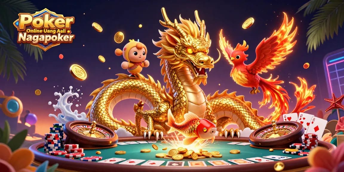 Engage with Poker Online Uang Asli Nagapoker, featuring dynamic casino elements and vibrant characters.