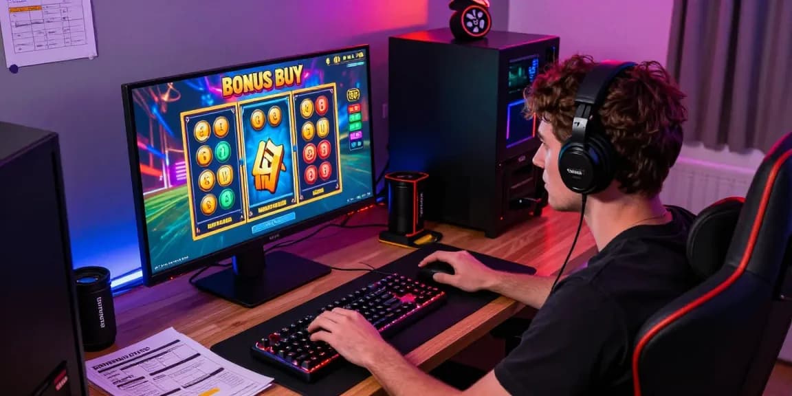 Player engaging with bonus buy slots in a vibrant home gaming setup, excitement and strategy evident in the scene.