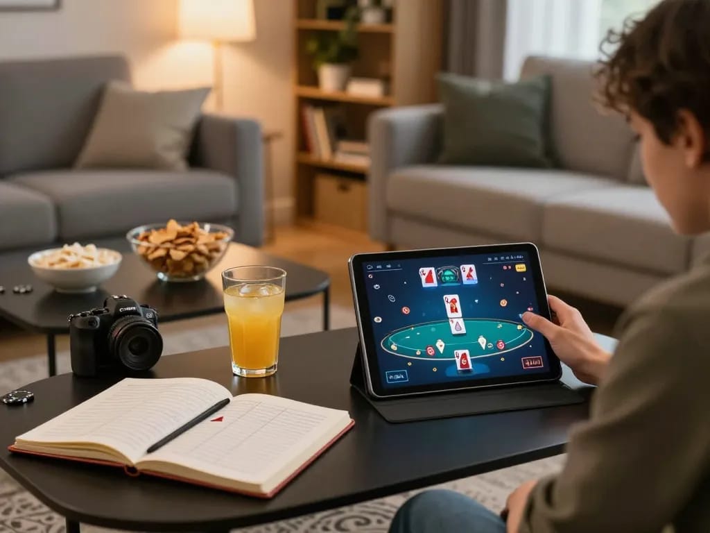 Socolive player engaging in online poker game on tablet in cozy living room setting.