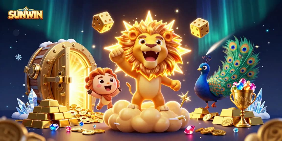 SUNWIN showcases a vibrant casino scene with a roaring lion, golden dice, and treasure elements.