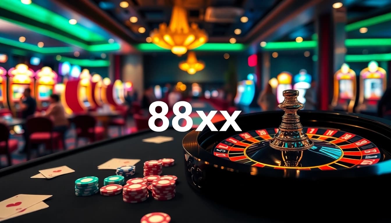 An exciting gaming scene at a casino featuring the 88xx logo on a poker table amidst vibrant gameplay.