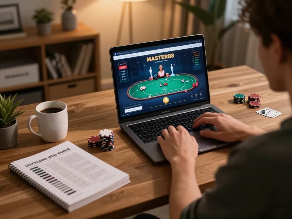 Terlibat dalam permainan poker strategis di MASTER88, menampilkan pengaturan permainan online yang nyaman.