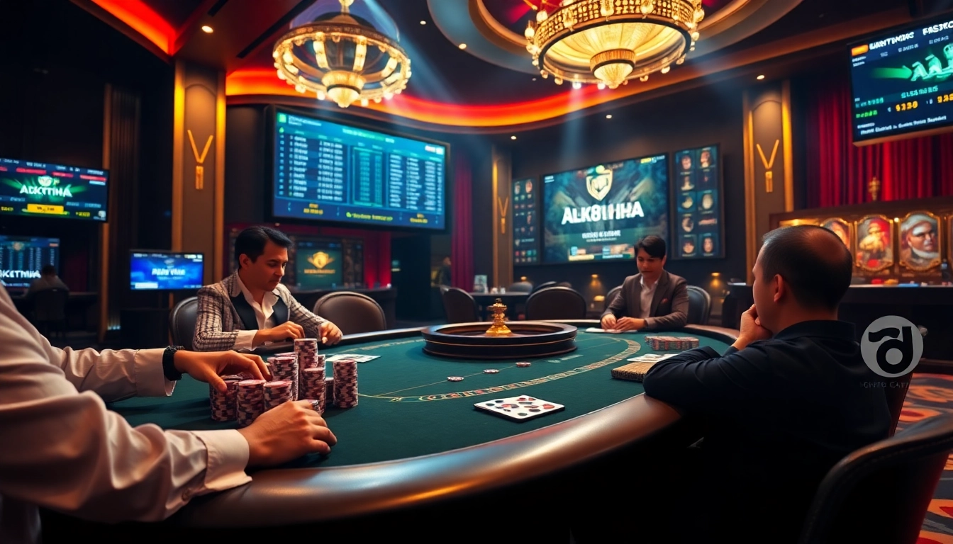 Players enjoying a thrilling game at a MK8thai casino table amidst vibrant atmosphere.