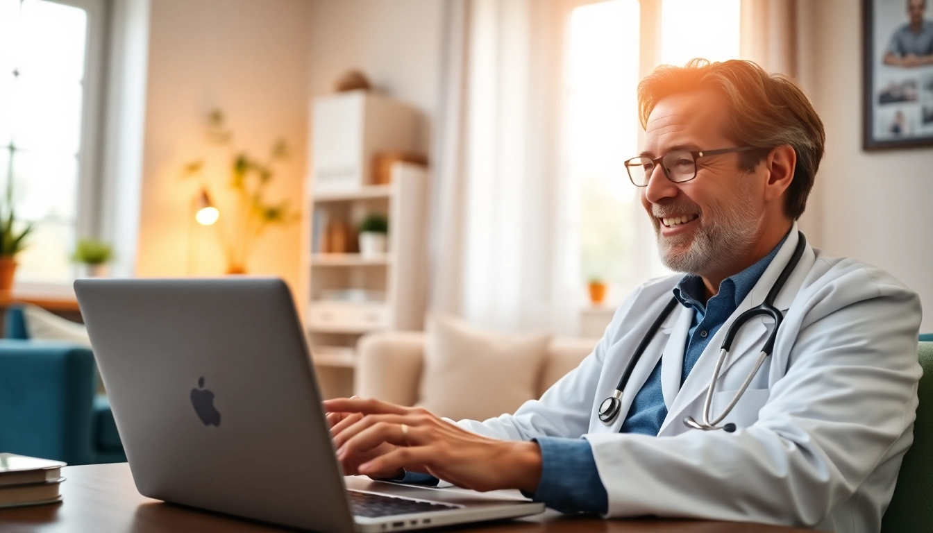 Engaged in a low cost telemedicine consultation, a doctor guides a patient through a virtual meeting.