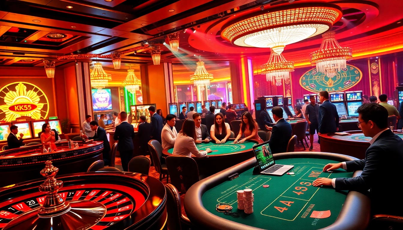 KK55 online gambling interface alongside vibrant casino gaming elements in a luxurious setting.