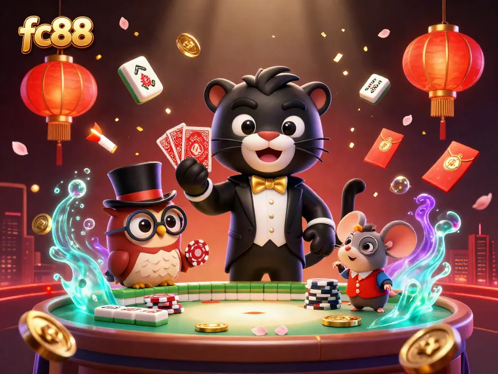 Engage with fc88 at the vibrant casino scene featuring a stylish black panther dealer among colorful poker elements.