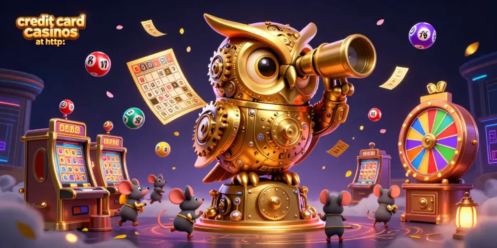 Engage with credit card casinos at http: featuring a whimsical 3D scene with a golden owl, casino elements, and dynamic characters.