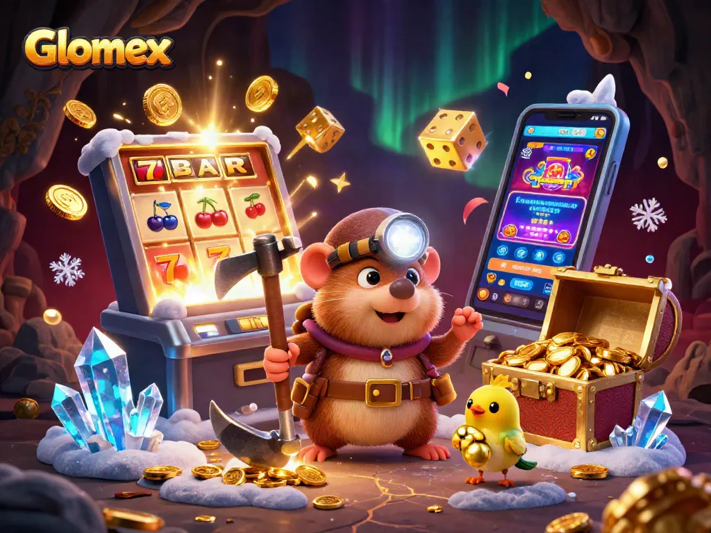 Spin to win with Glomex in a vibrant, treasure-filled 3D casino scene.