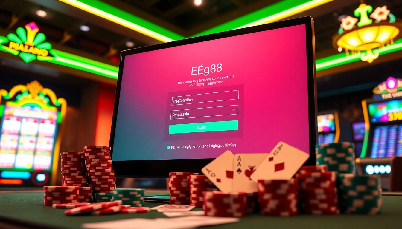 Excited players engaging in đăng ký EE88 registration on a sleek online gambling interface surrounded by colorful casino elements.