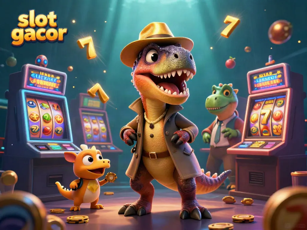 Gambarlah slot gacor yang menampilkan karakter dinosaurus bermain mesin slot dengan elemen kasino dinamis.