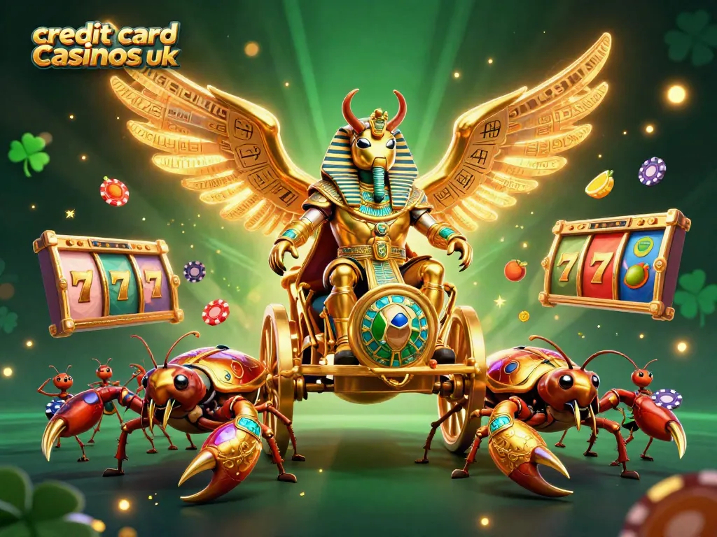 Play exciting games at credit card casinos uk with vibrant slot reels and gold-themed illustrations.