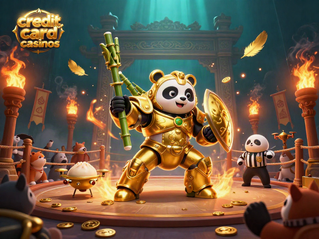 Engaging scene at credit card casinos showcasing a panda in a mech-suit surrounded by cheering animals.