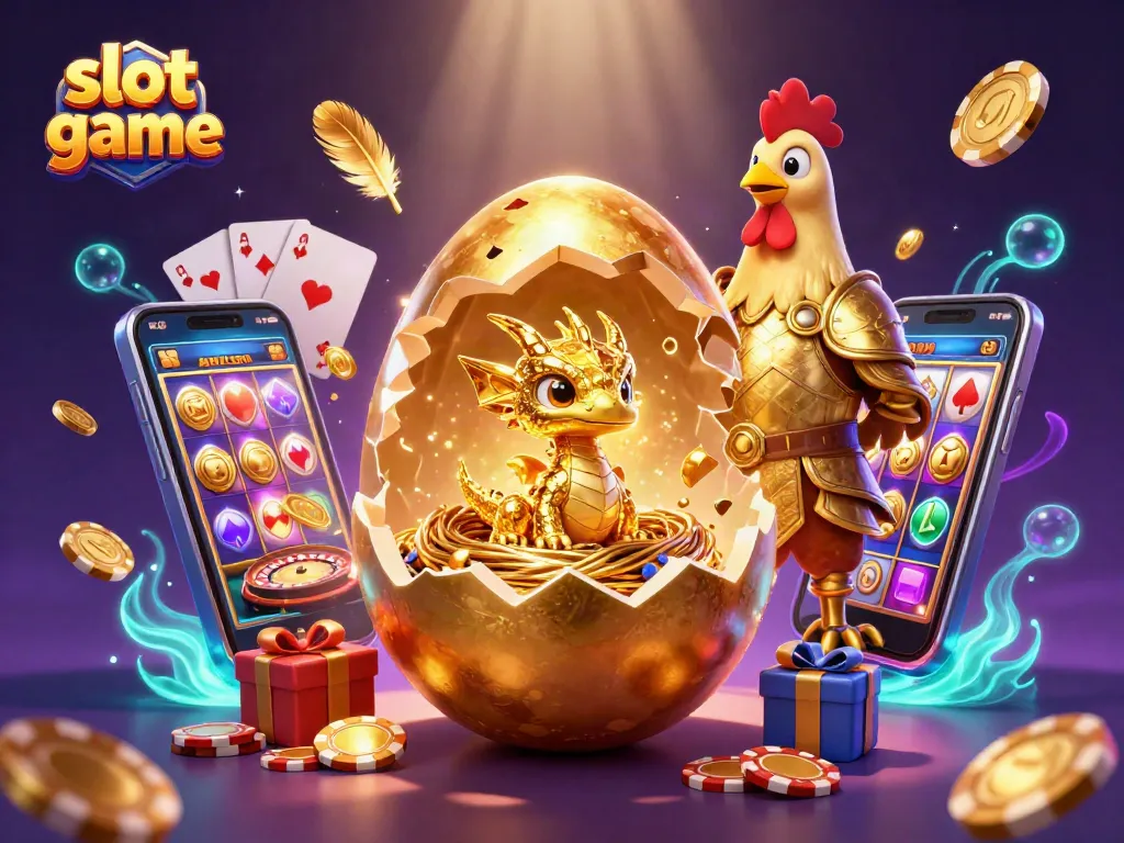 Slot game menarik dengan naga emas dan chip poker menciptakan suasana kasino yang mendebarkan.