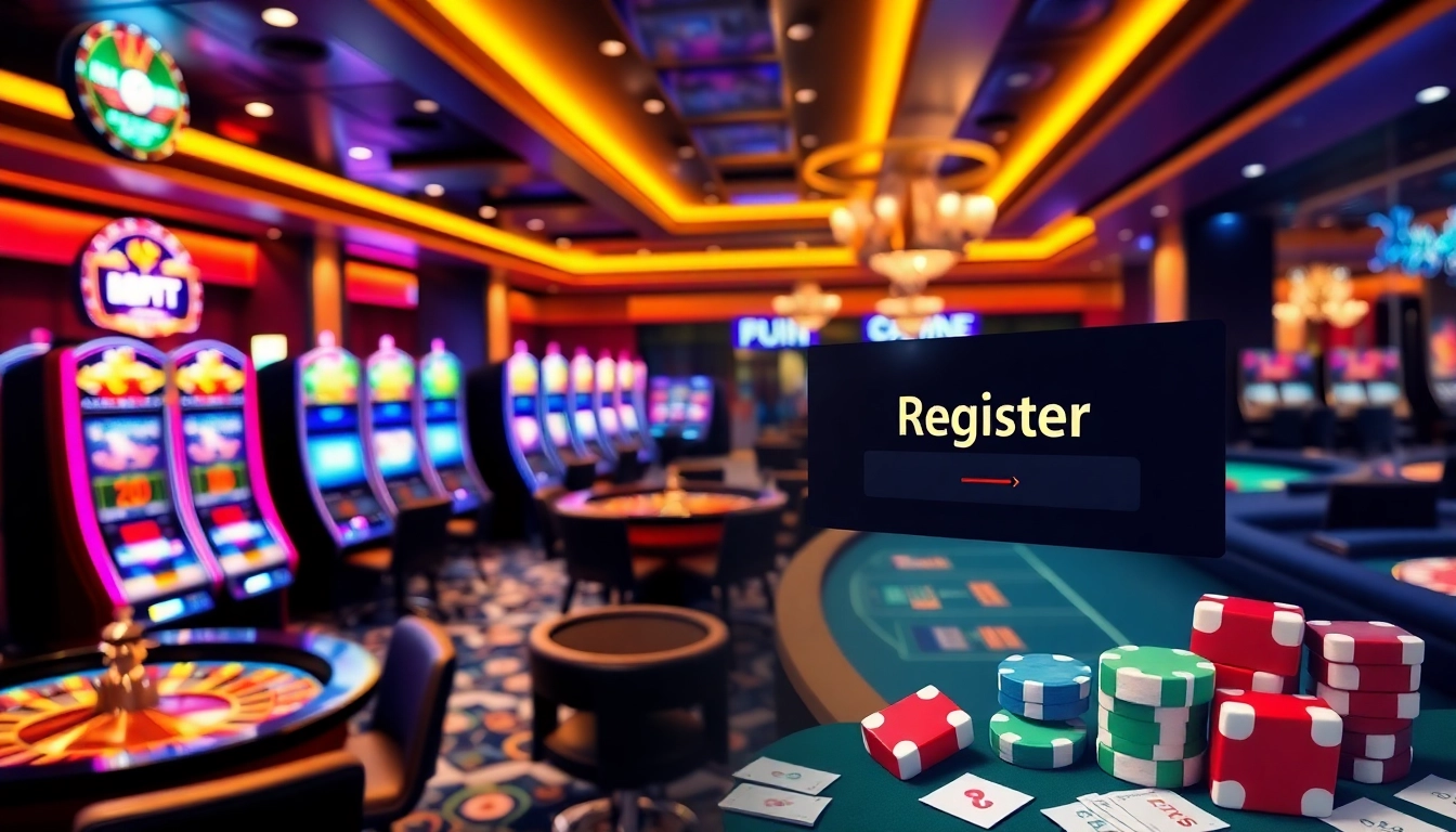 Engage in đăng ký xn88 with vibrant casino visuals, featuring slot machines and poker setups.