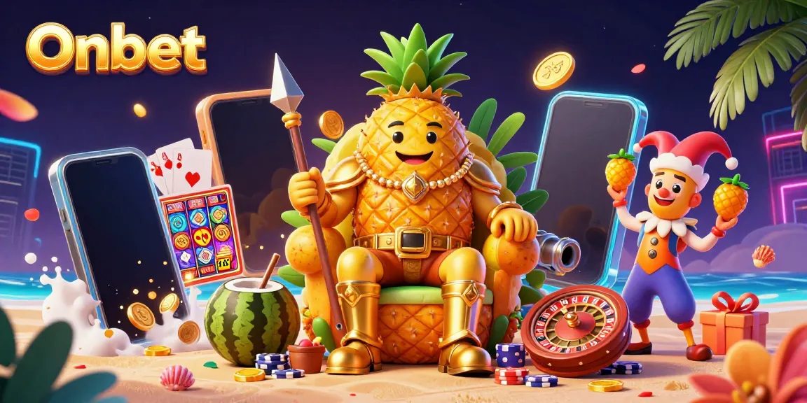 Experience Onbet's thrilling environment with a golden pineapple king, coconut guards, and vibrant casino elements.