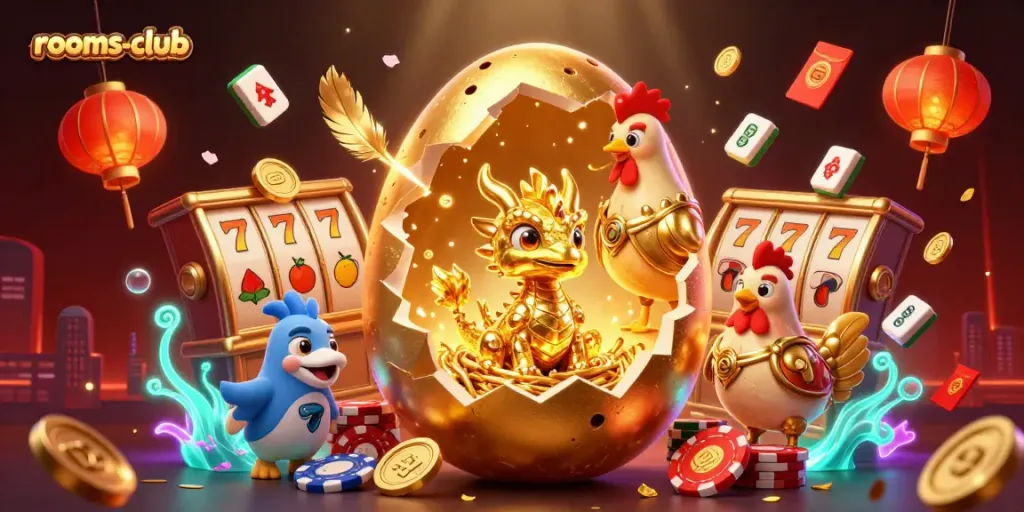 Mengunjungi platform rooms-club dengan ilustrasi 3D, menampilkan naga emas di tengah lautan chip poker.