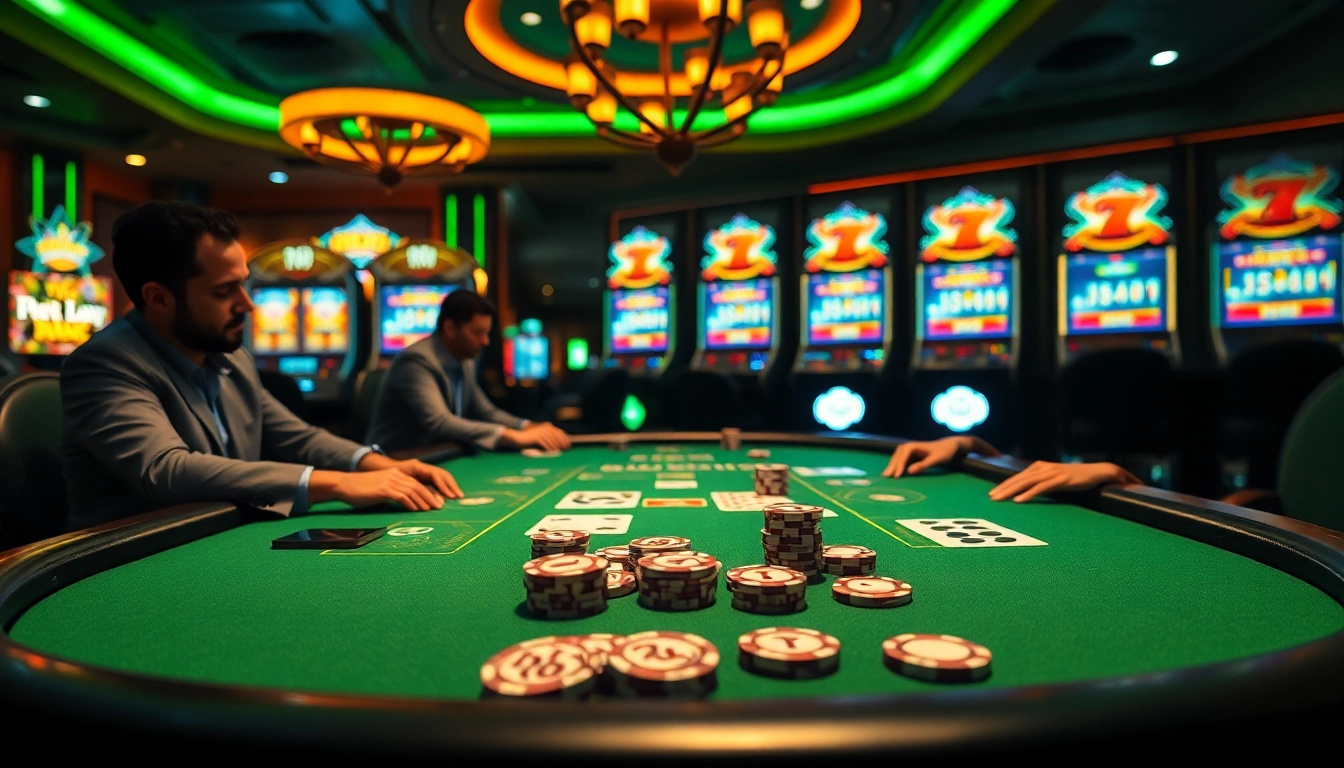 Players competing at a j88 poker table, showcasing excitement and strategy in a vibrant casino setting.