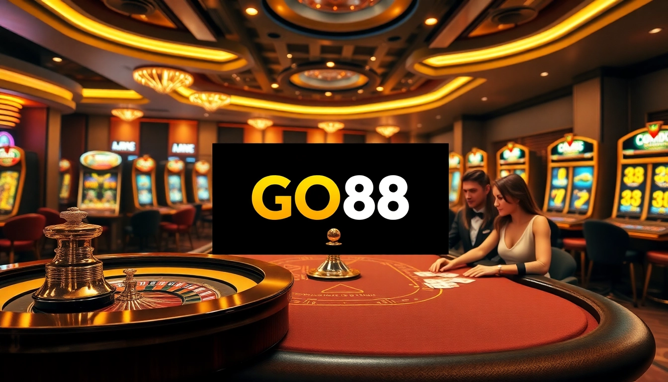 Experience the excitement of GO88 with a luxurious casino scene featuring roulette, poker chips, and more.