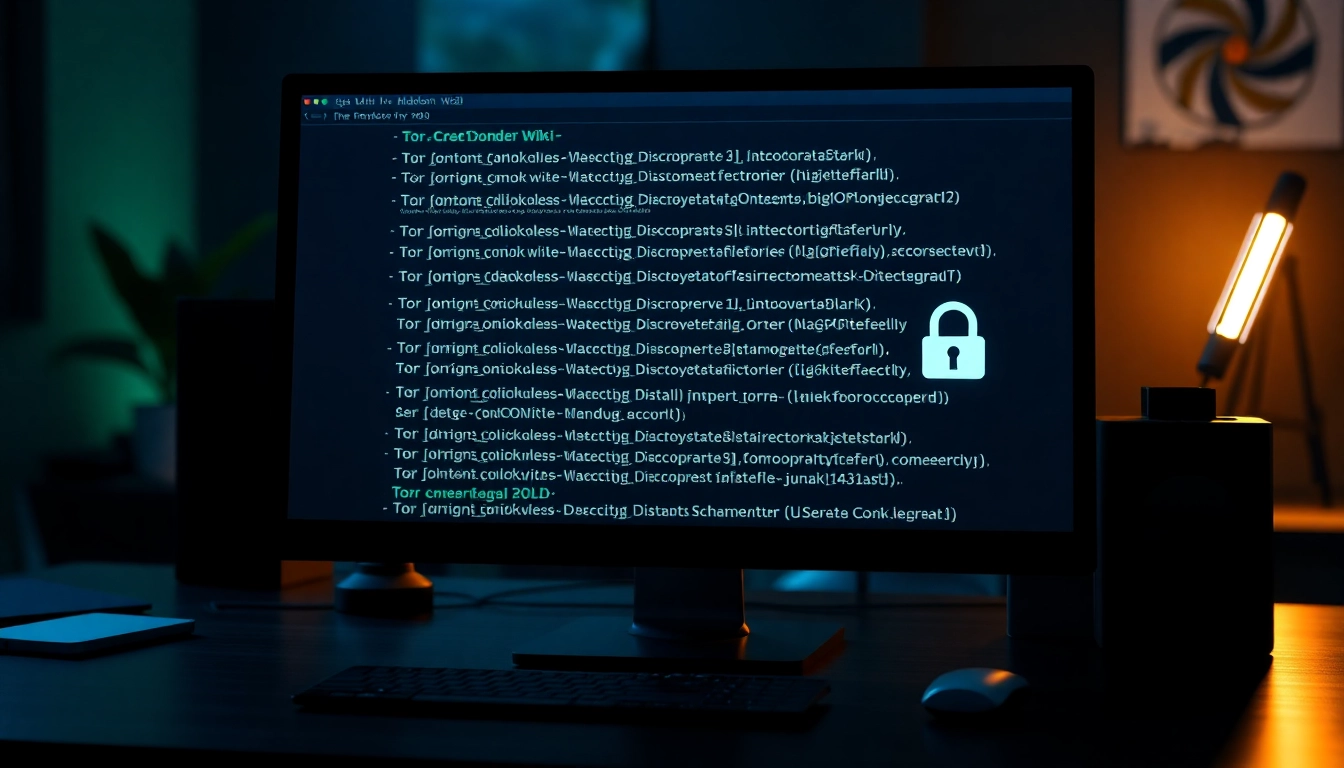 The Hidden Wiki 2026 showcased on a secure digital interface with .onion links and a Tor logo.
