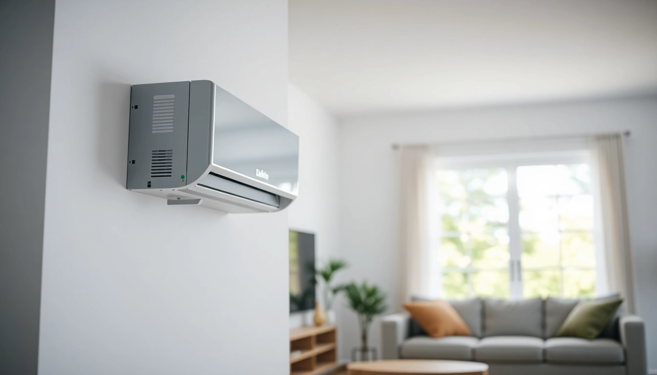 Showcase the daikin mini split ac in a bright living room environment, highlighting its energy efficiency.