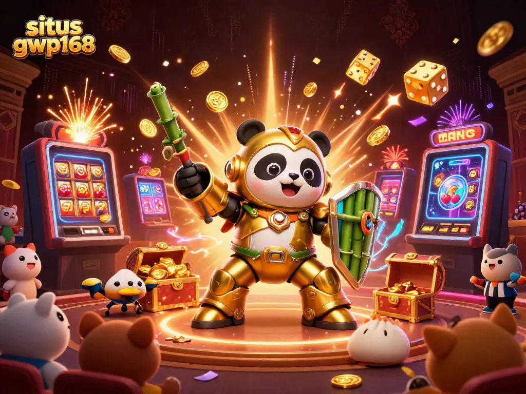 Menangkan jackpot di situs gwp168! Robot panda bertarung sambil dikelilingi simbol slot dan penonton hewan.