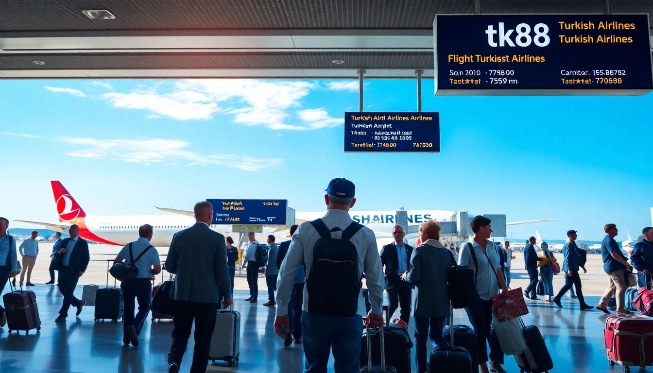 Dynamic airport scene with Turkish Airlines flight tk88, showcasing travelers and staff in action.