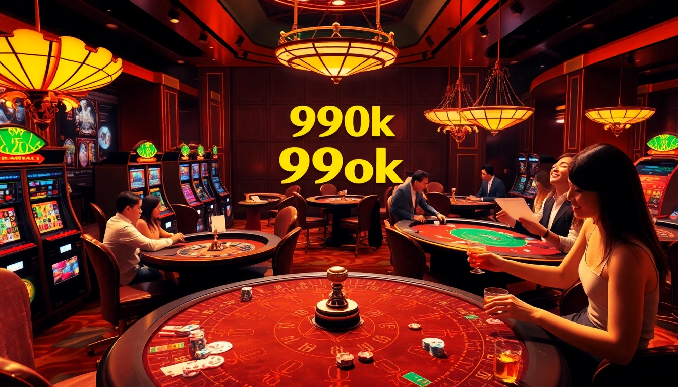 Players enjoying a thrilling game at the 99ok casino, surrounded by vibrant slot machines and poker tables.