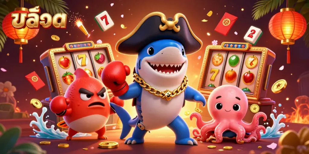 Engage with สล็อต excitement while a cartoon pirate shark, pufferfish, and octopus showcase thrilling casino elements.