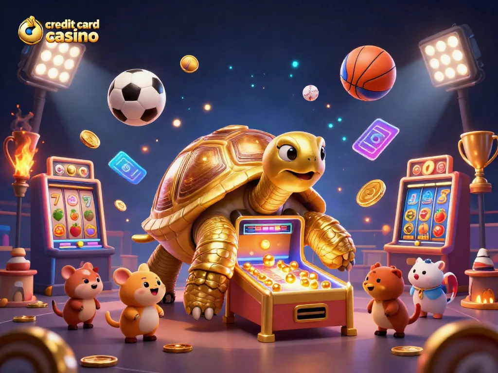 Experience credit card casinos fun with a vibrant 3D gaming scene featuring slot machines and dynamic sports elements.