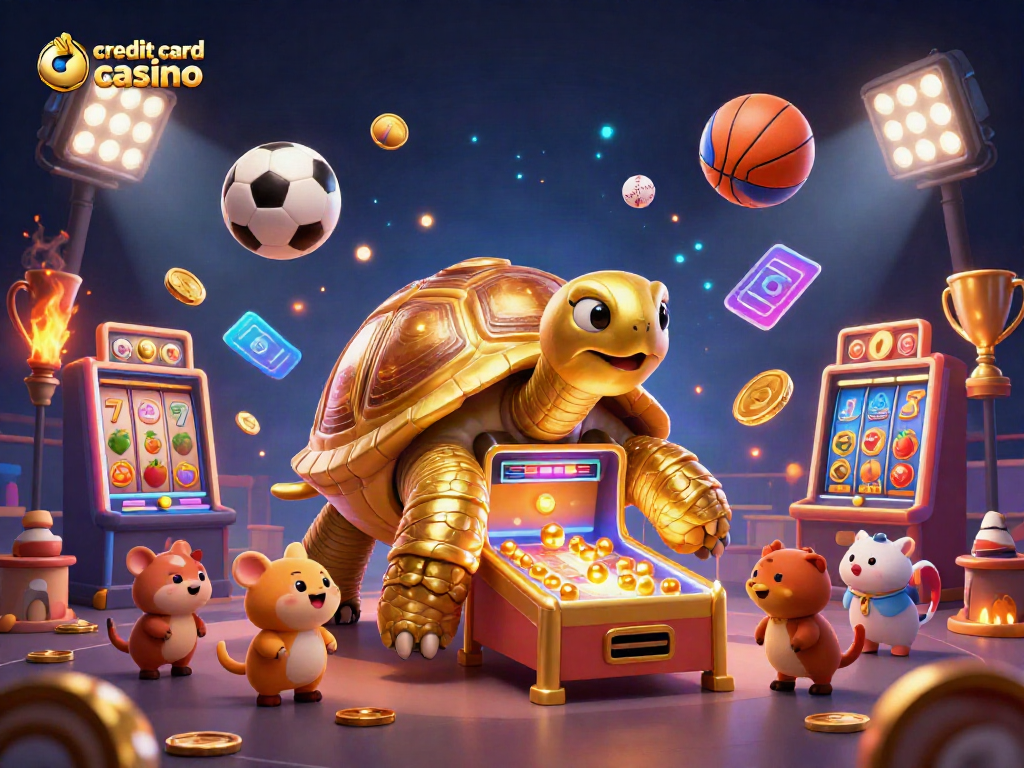 Experience credit card casinos fun with a vibrant 3D gaming scene featuring slot machines and dynamic sports elements.