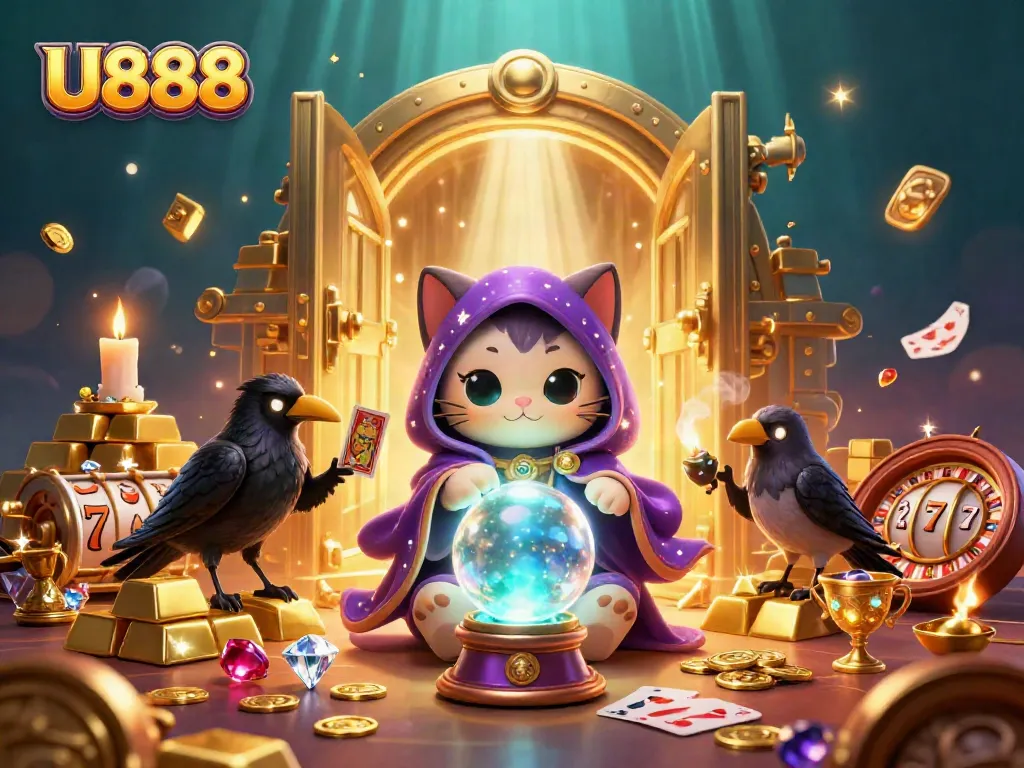 U888 offers thrilling slots and casino games amidst mystical characters and vibrant gems.