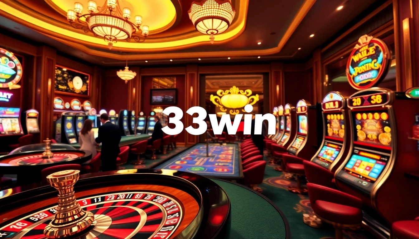 33win online casino interface featuring roulette, poker chips, and vibrant slot machines.