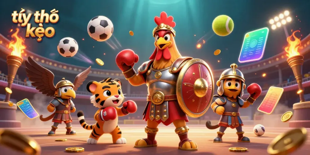 Betting on tỷ lệ kèo with a 3D gladiator rooster, cub, and eagle in action.