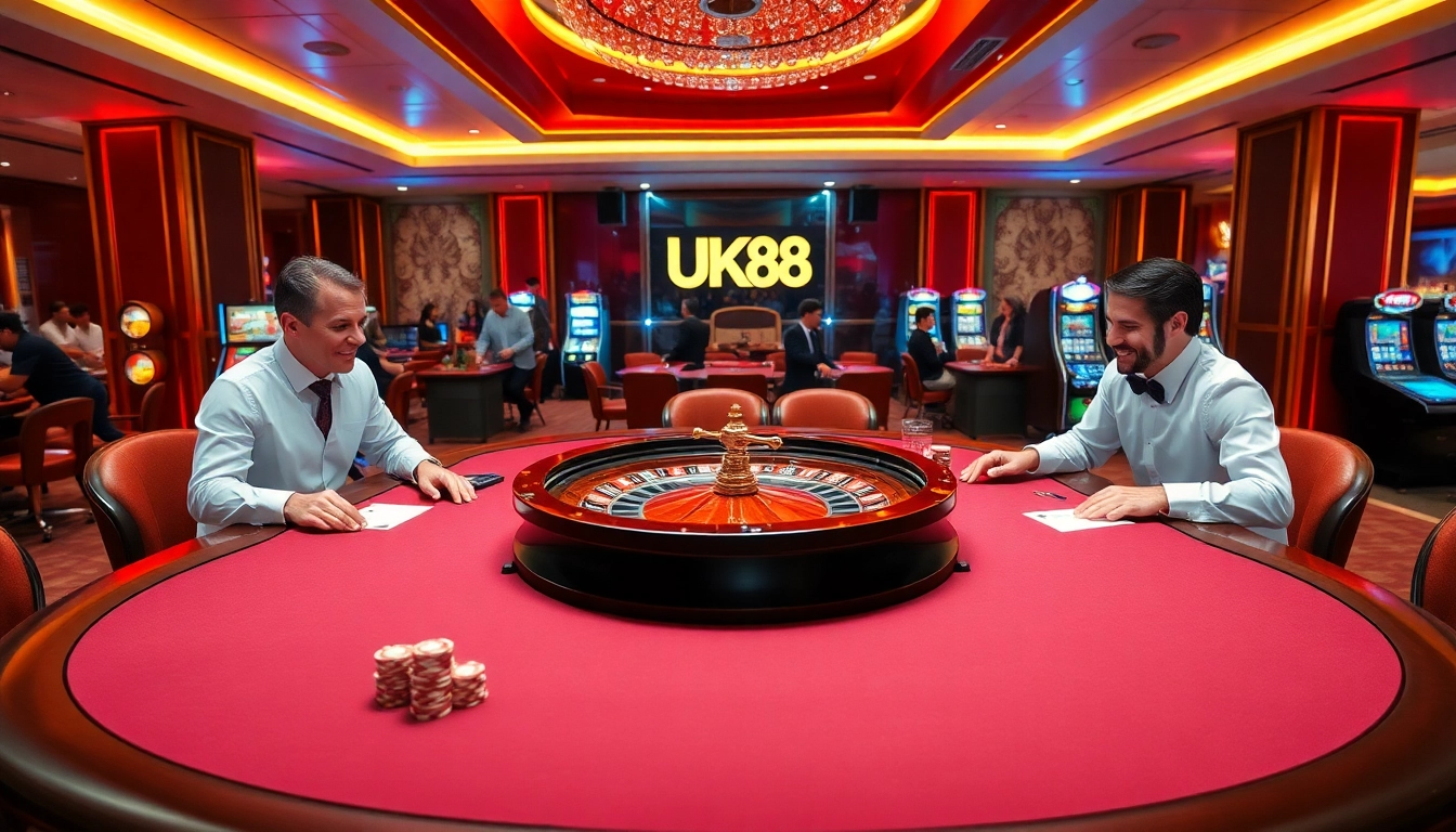 Experience high-stakes gaming excitement at UK88's luxurious casino with vibrant tables.