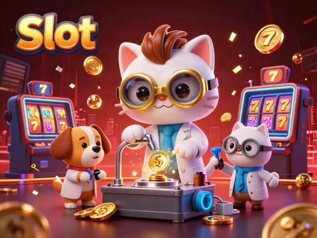Gamer menikmati permainan Slot dengan simbol keberuntungan dan mesin jackpot di kasino.