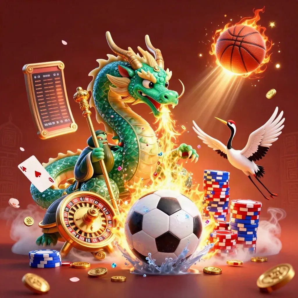 Fantasy casino dragon, turtle sage, cranes, and a flying soccer ball amid coins and fire.