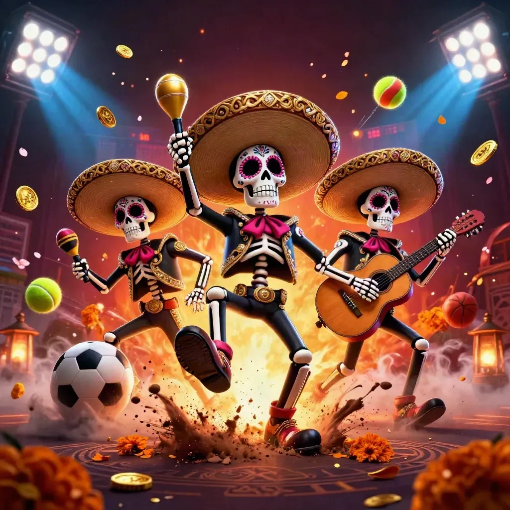 Skeleton mariachi trio kicks up turf as sports balls and gold coins burst under blue stadium lights