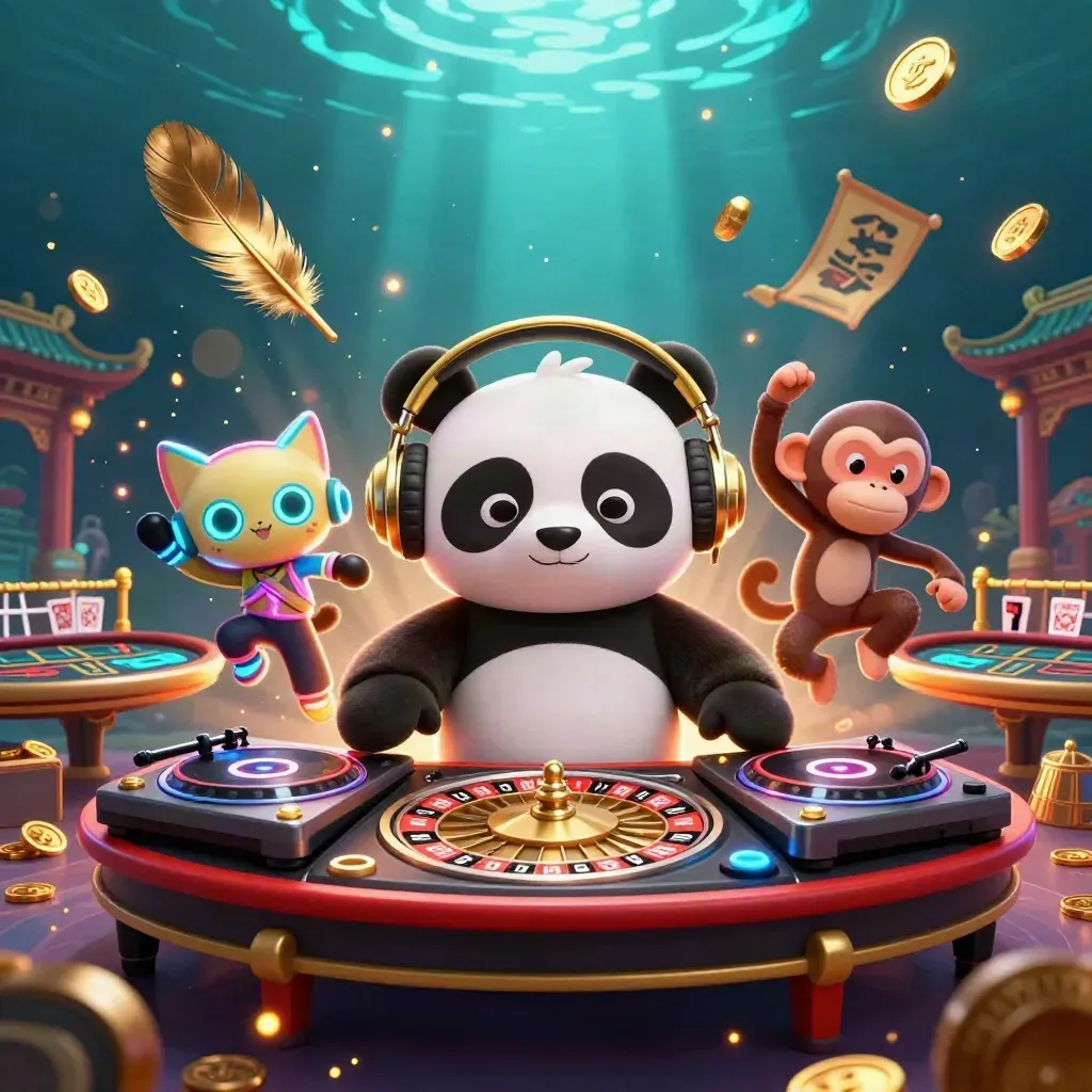 Cartoon panda DJ, monkey and kitten in a luxe casino scene with roulette and glowing lights.
