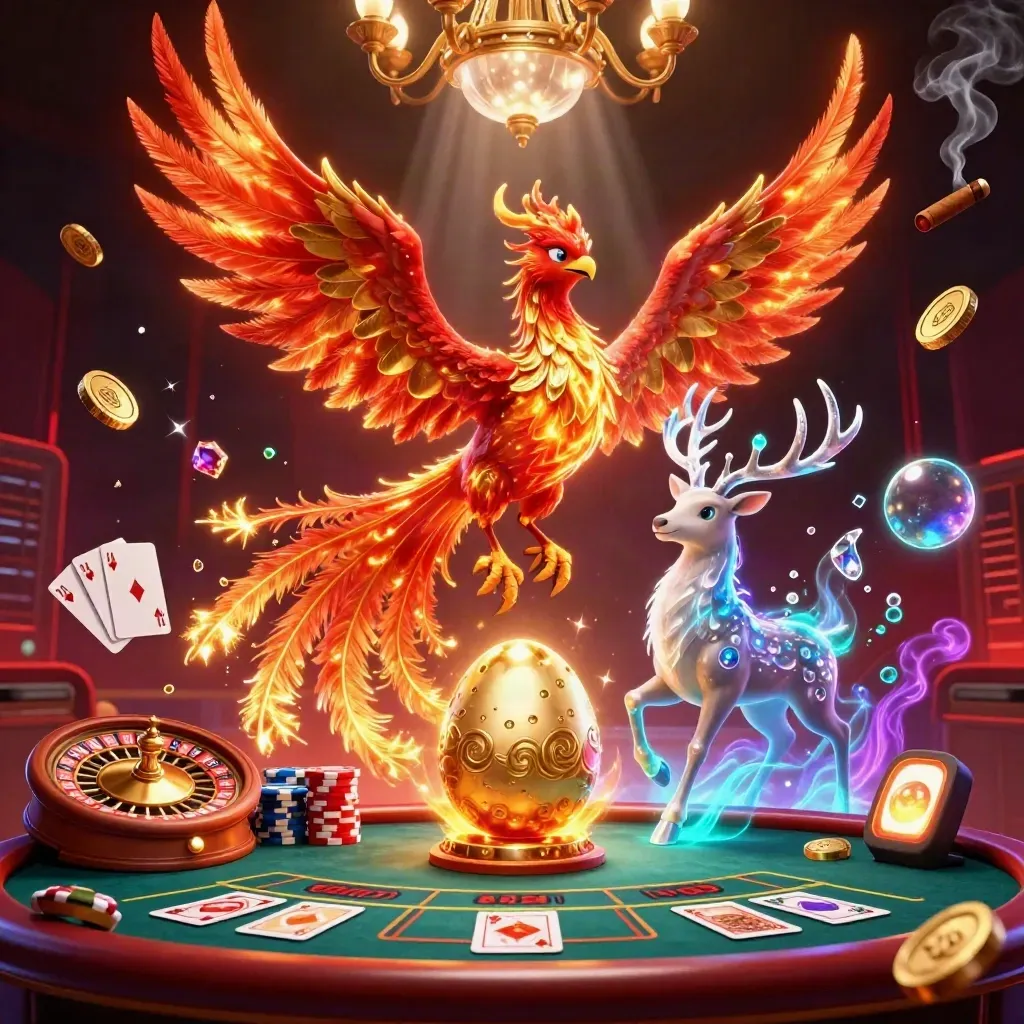 Phoenix, baby phoenix, and crystal stag in a neon casino with coins, cards, and a spinning roulette wheel.