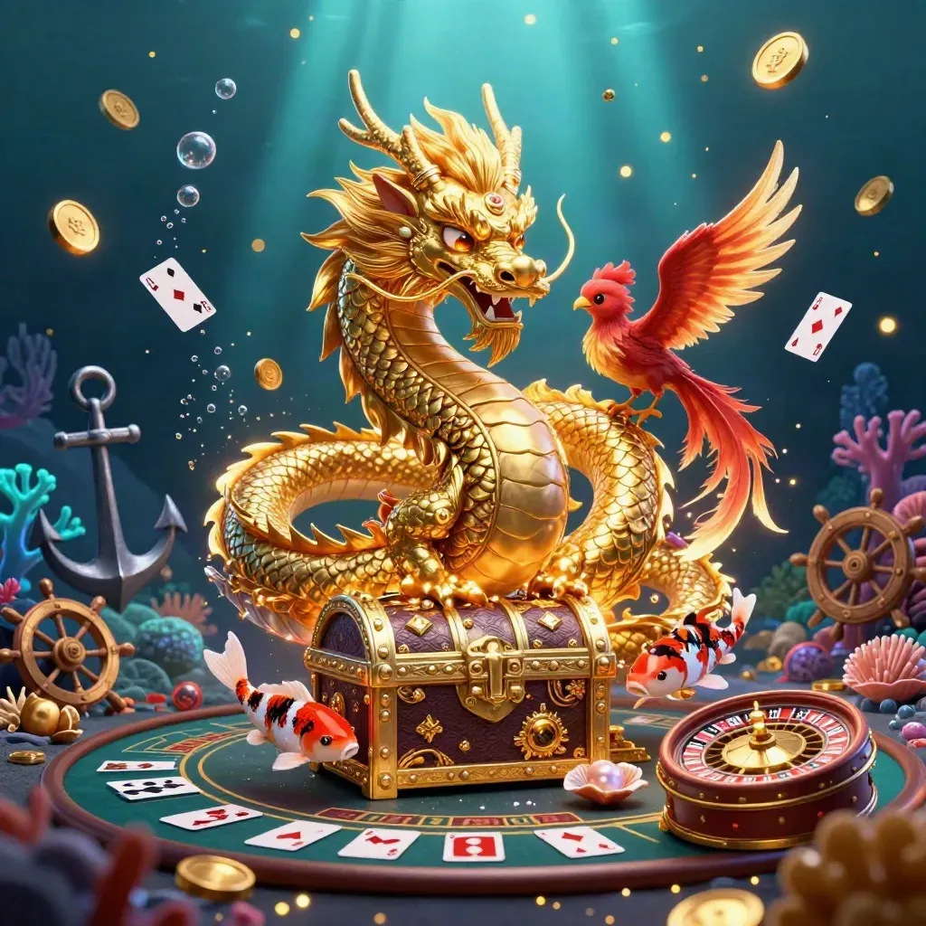 Golden dragon, red phoenix, koi and casino treasures in a glowing underwater cove.