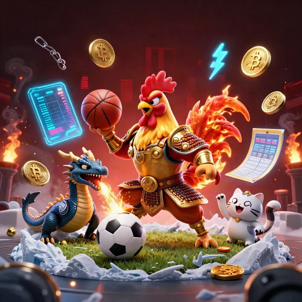 Rooster warrior, spark-breathing dragon hatchling and cheering fortune cat amid casino coins, balls and lightning.