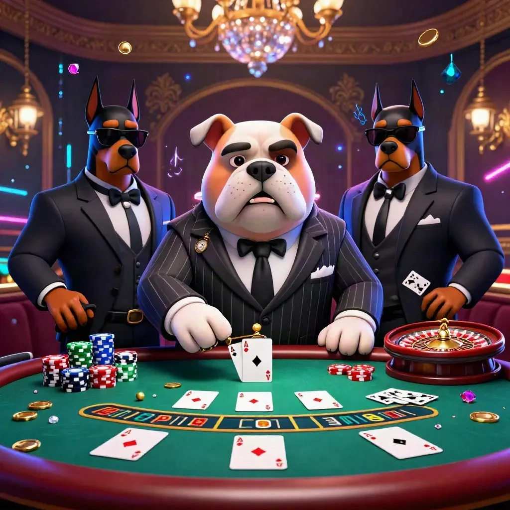 Bulldog mob boss and Doberman guards in a luxe casino scene with chips, cards and neon energy.