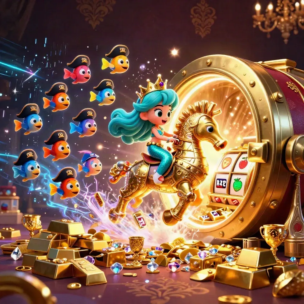 Mermaid princess on armored seahorse amid treasure burst, neon casino fantasy with pirate fish