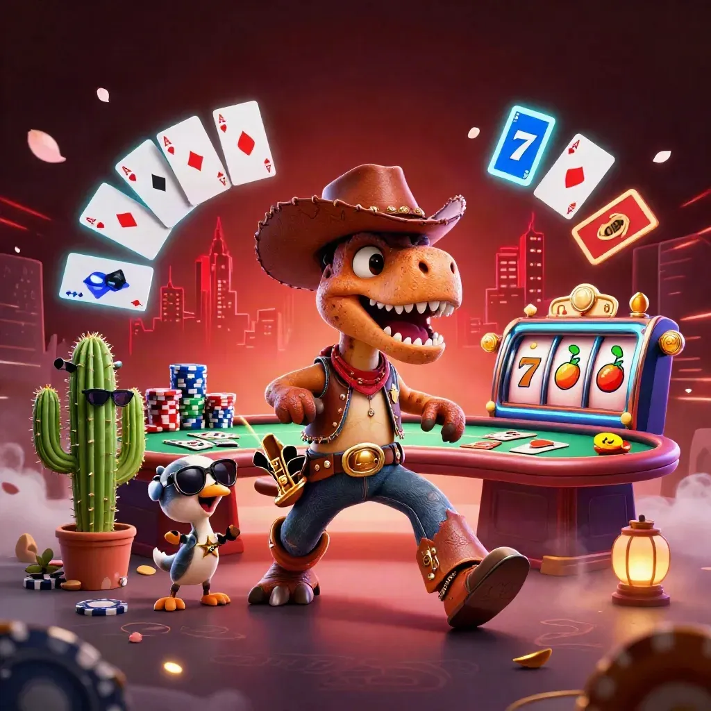 Cowboy T-Rex, cactus sidekick and roadrunner amid poker chips, cards and neon casino effects.