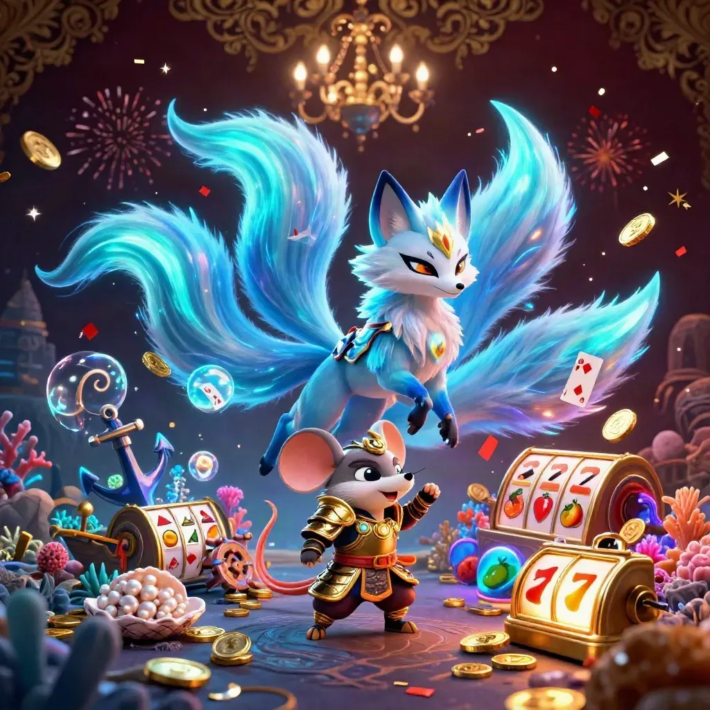 Nine-tailed fox spirit and golden mouse in a jeweled underwater treasure cove