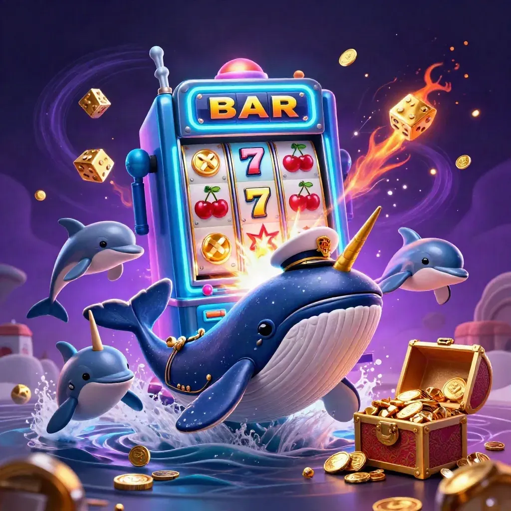Whale captain, narwhal, and dolphins burst from coins amid jackpot slots in neon cyan